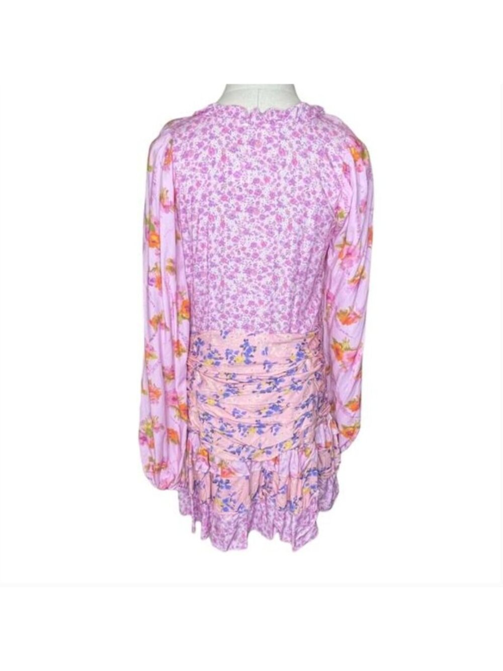 Pink Ripple Floral Ruched Mini Dress Medium Pink V Neck Ruffle Flounce Boho - Picture 11 of 16